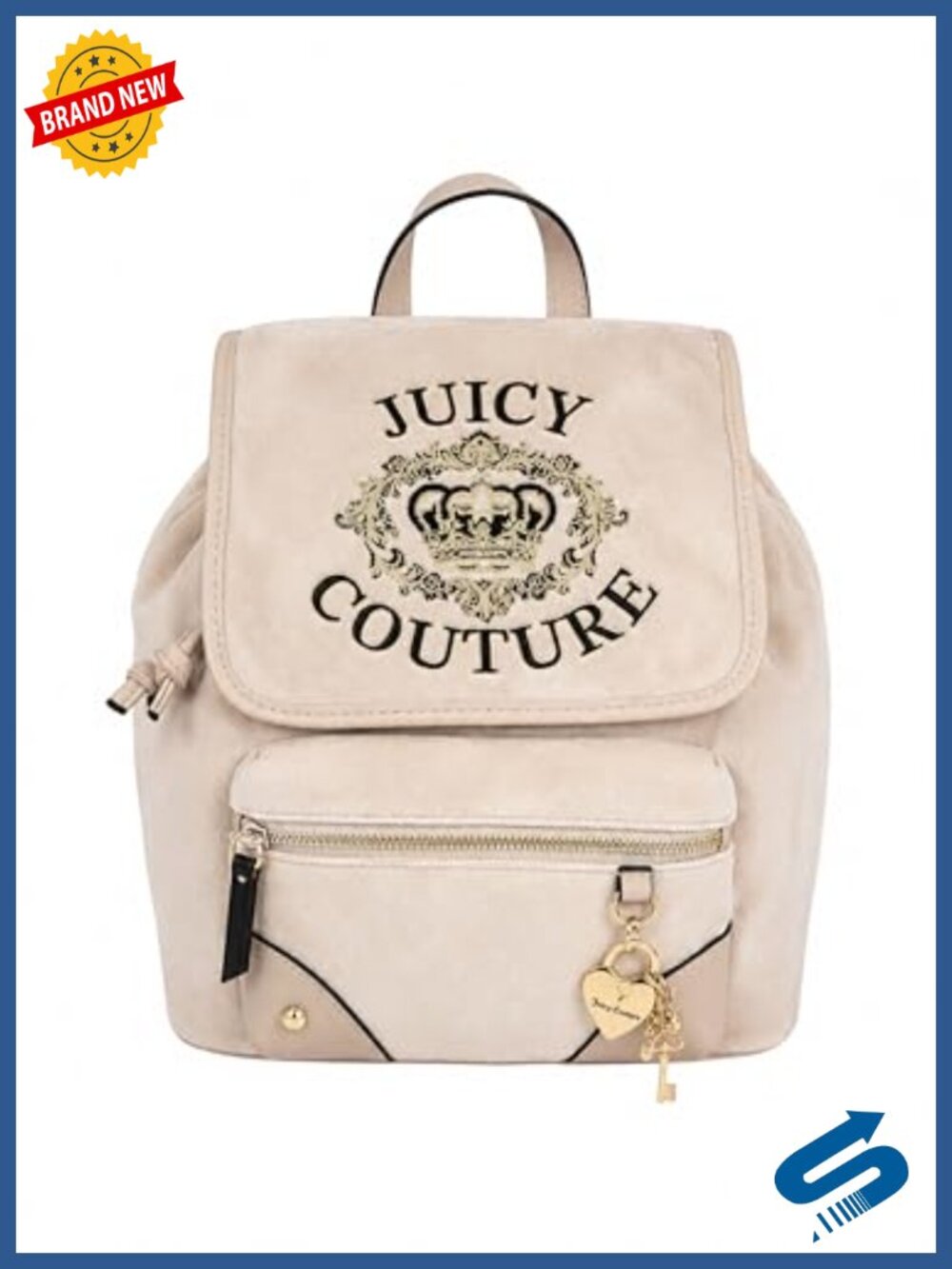 Drawstring Flap Closure Velour Mini Backpack with Heart Charm & Adjustable